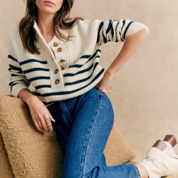 Sezane Cream Striped Button-Up Knit Sweater with Navy Bands - Picture 2 of 6
